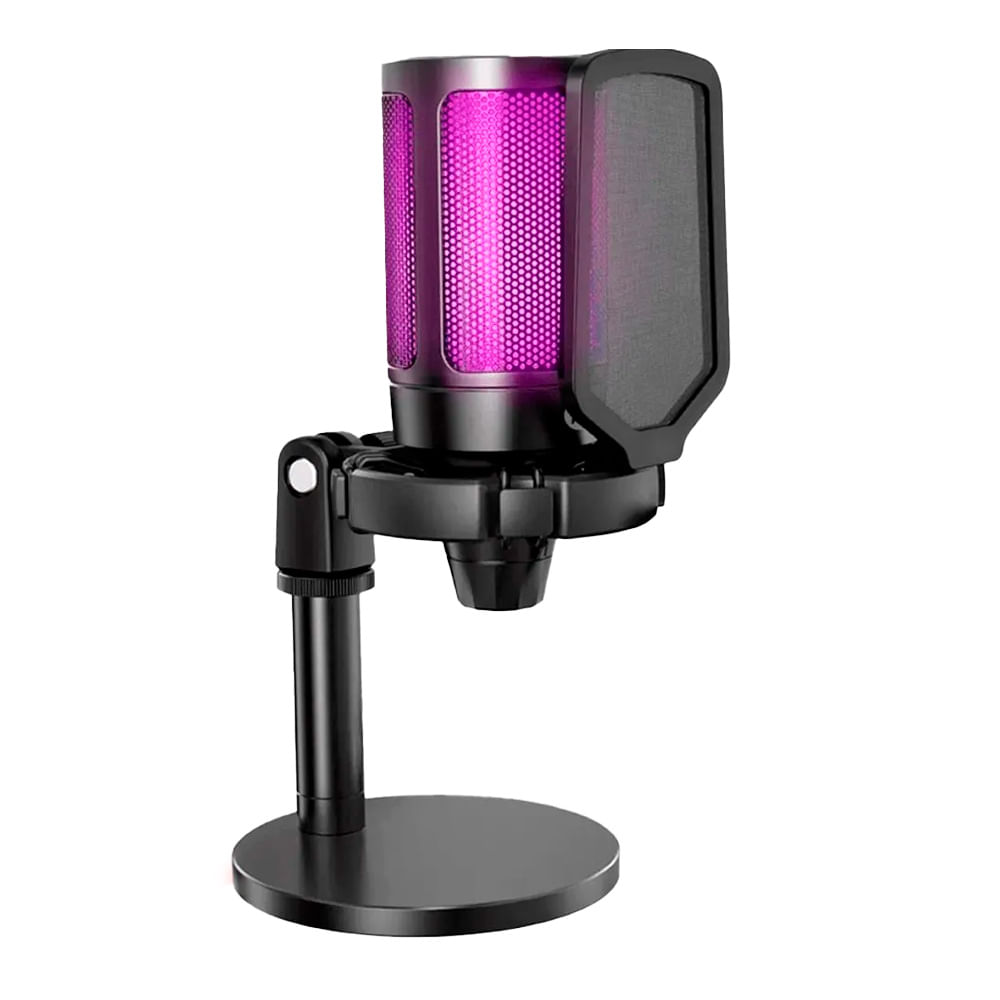 Micrófono de escritorio AuroraCast RGB Soft, cardioide con filtro antipop, control de volumen y conexión USB plug & play, negro